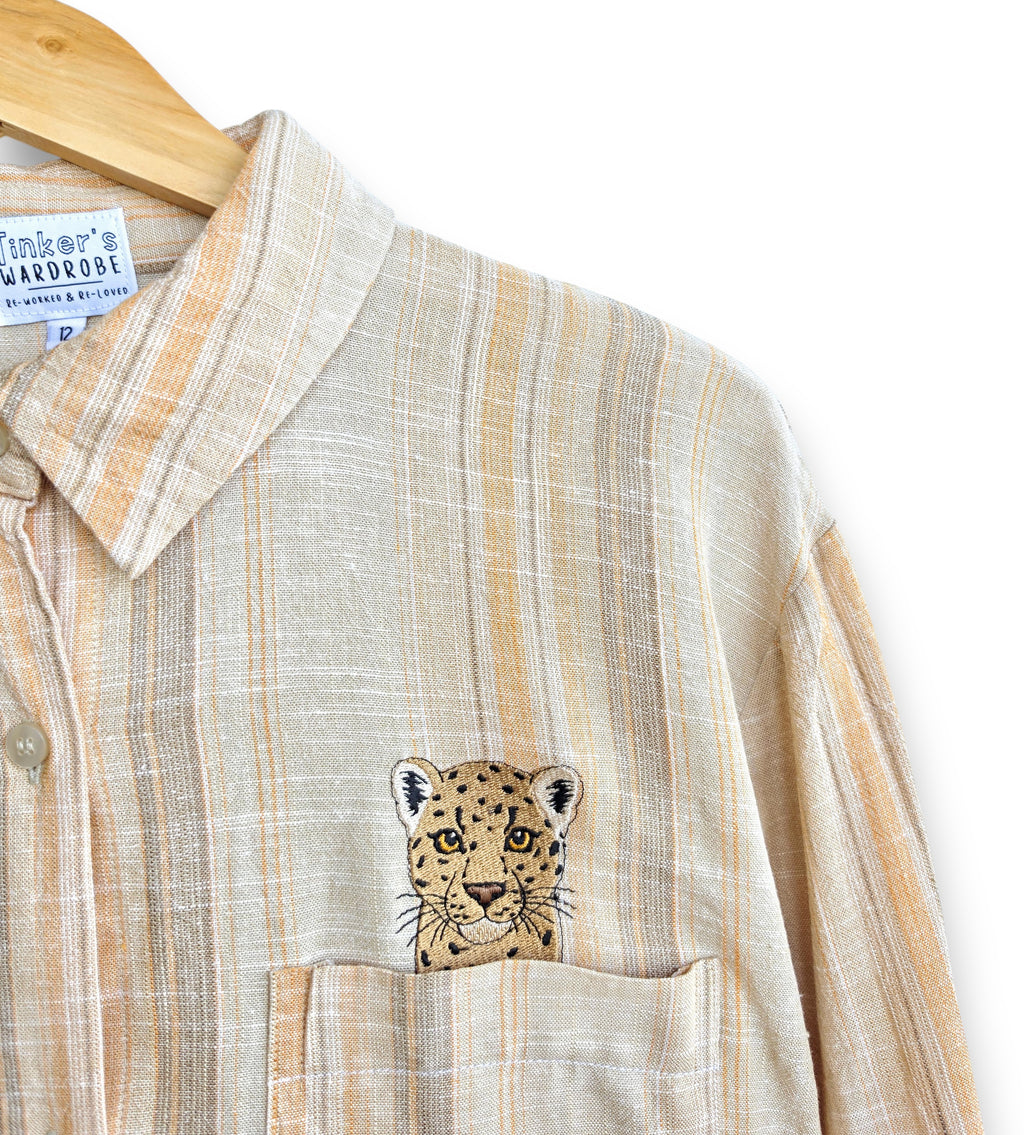 Oversized Upcycled Embroidered Leopard Shirt, Size 12