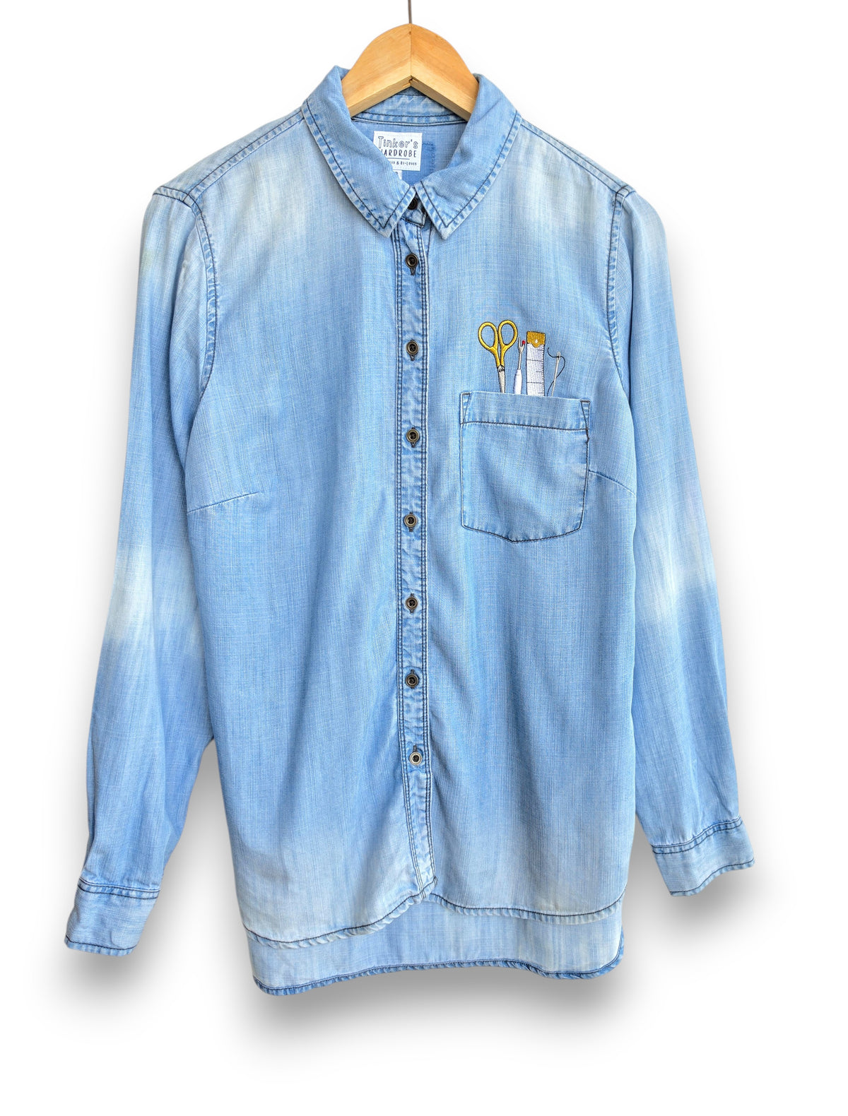 Denim Upcycled Embroidered Sewing Tools Shirt, Size 10