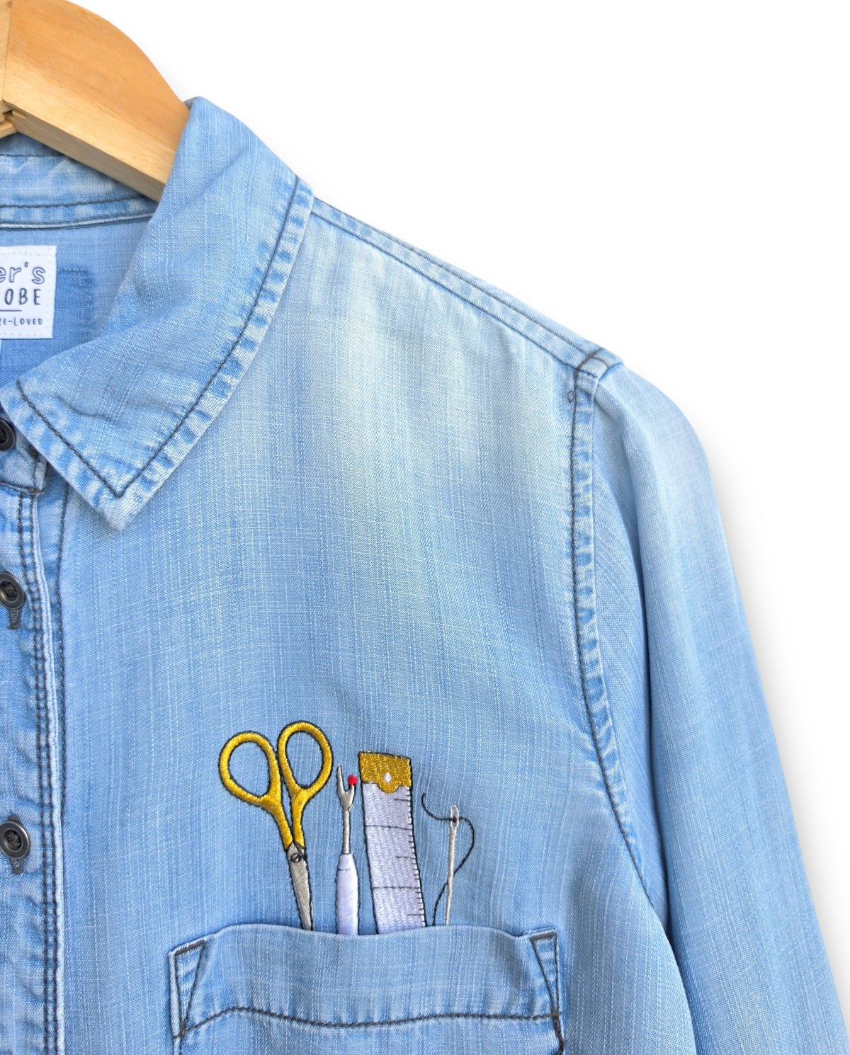 Denim Upcycled Embroidered Sewing Tools Shirt, Size 10