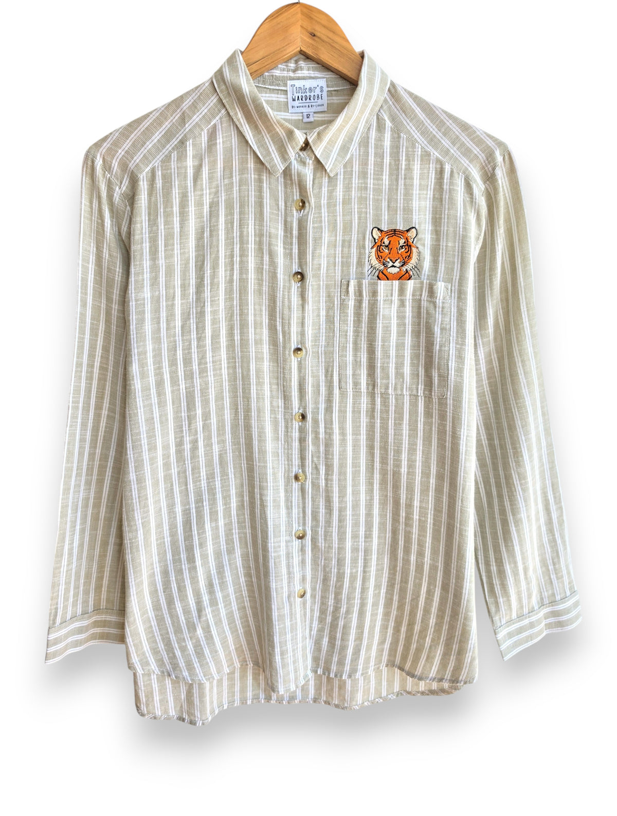 Sage Stripe Upcycled Embroidered Tiger Shirt, Size 12