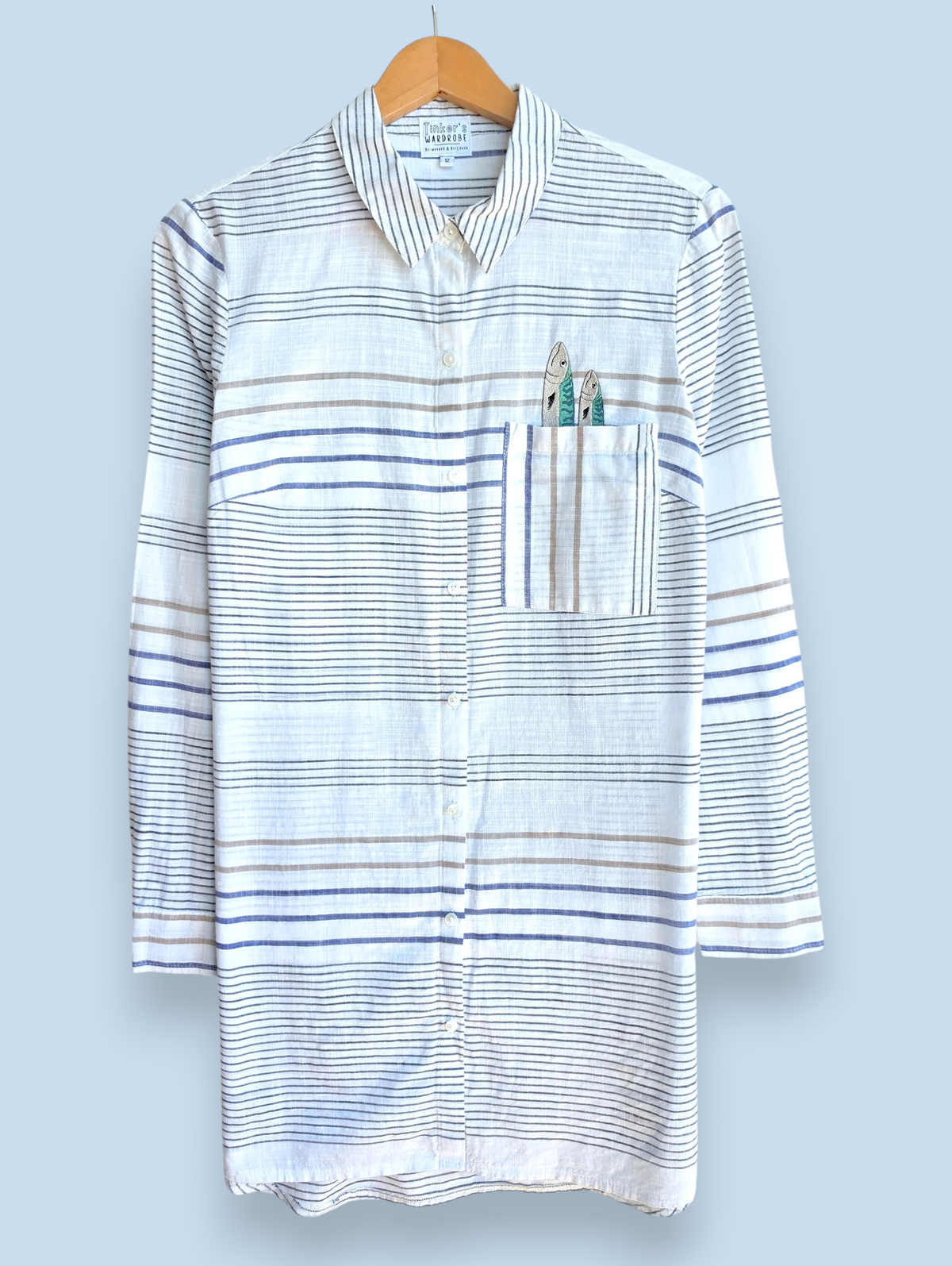 Longline Upcycled Embroidered Mackerel Shirt, Size 12
