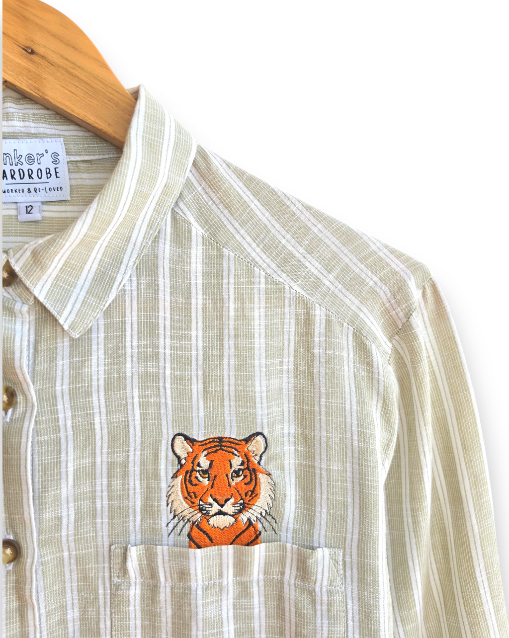 Sage Stripe Upcycled Embroidered Tiger Shirt, Size 12